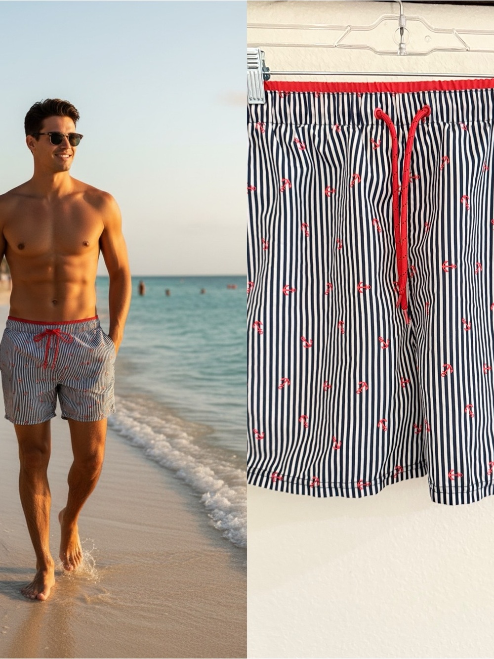 Ocean Pacific OP Anchor Stripe Swim Trunks EG Red Blue Drawstring Lined